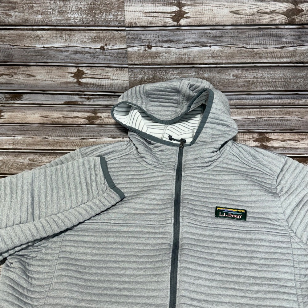 LL Bean Quilted Full Zip Hoodie Women Large Petite Gray Ribbed Textured‎ Fleece